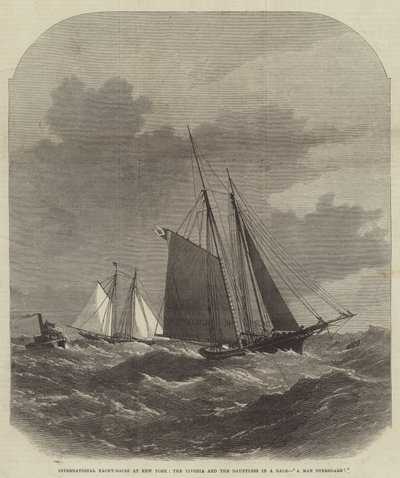 Carreras internacionales de yates en Nueva York, el Livonia y el Dauntless en una tormenta, ¡un hombre al agua! de Edwin Weedon